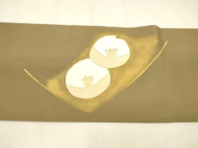 平和屋着物●塩瀬 九寸名古屋帯 駒刺繍 舞花文 朽葉色 金彩 正絹 逸品 DABB3195cm