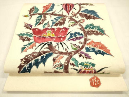 平和屋着物●九寸開き名古屋帯 作家物 手描き 更紗花文 正絹 逸品 DABB3208cm