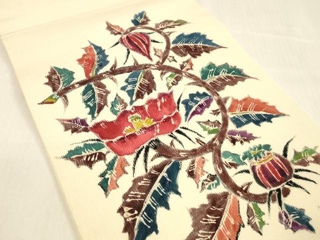 平和屋着物●九寸開き名古屋帯 作家物 手描き 更紗花文 正絹 逸品 DABB3208cm