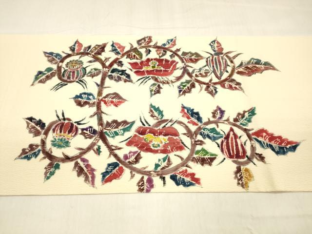 平和屋着物●九寸開き名古屋帯 作家物 手描き 更紗花文 正絹 逸品 DABB3208cm