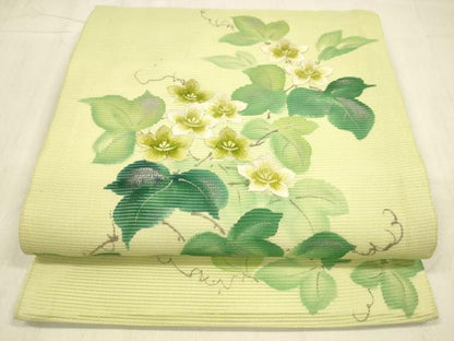 平和屋着物＊夏物 九寸開き名古屋帯 作家物 手描き 刺繍 蔦の葉花文 銀彩 正絹 逸品 DABB3217cm