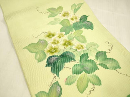平和屋着物＊夏物 九寸開き名古屋帯 作家物 手描き 刺繍 蔦の葉花文 銀彩 正絹 逸品 DABB3217cm