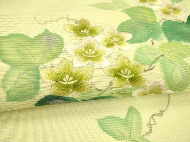 平和屋着物＊夏物 九寸開き名古屋帯 作家物 手描き 刺繍 蔦の葉花文 銀彩 正絹 逸品 DABB3217cm