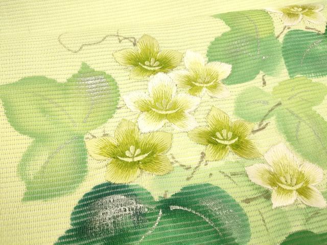 平和屋着物＊夏物 九寸開き名古屋帯 作家物 手描き 刺繍 蔦の葉花文 銀彩 正絹 逸品 DABB3217cm