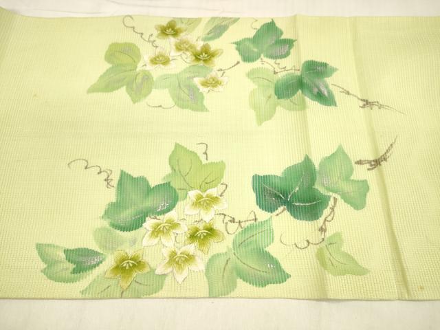 平和屋着物＊夏物 九寸開き名古屋帯 作家物 手描き 刺繍 蔦の葉花文 銀彩 正絹 逸品 DABB3217cm