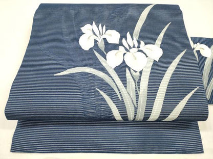 平和屋着物＊夏物 九寸名古屋帯 駒刺繍 杜若 正絹 逸品 DABB3224cm