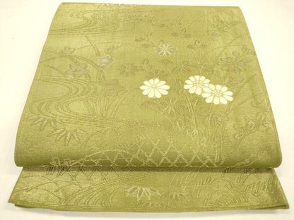 平和屋着物＊夏物 六通柄袋帯 流水笹の葉花文 金銀糸 正絹 逸品 DABB3229cm