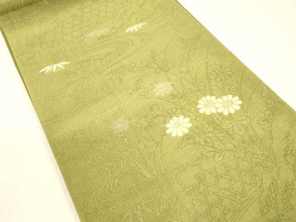 平和屋着物＊夏物 六通柄袋帯 流水笹の葉花文 金銀糸 正絹 逸品 DABB3229cm