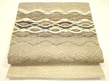 平和屋着物▽太鼓柄袋帯 スリーシーズン 春夏秋 すくい織 よろけ縞 正絹 逸品 DABB3232cm