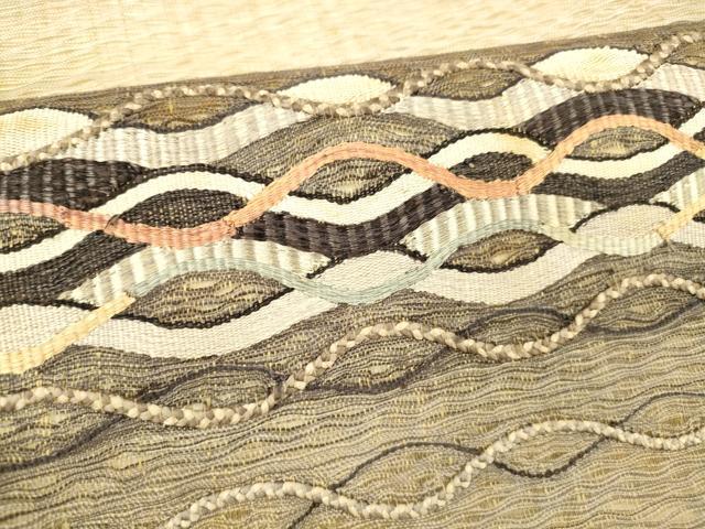 平和屋着物▽太鼓柄袋帯 スリーシーズン 春夏秋 すくい織 よろけ縞 正絹 逸品 DABB3232cm