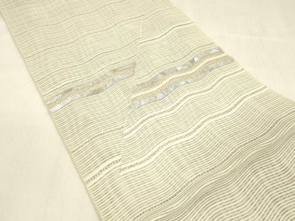 平和屋着物＊夏物　絽綴れ　八寸名古屋帯　よろけ縞　銀糸　正絹　逸品　DABB3242cm