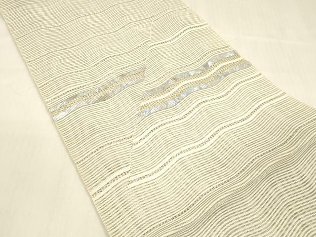 平和屋着物＊夏物　絽綴れ　八寸名古屋帯　よろけ縞　銀糸　正絹　逸品　DABB3242cm