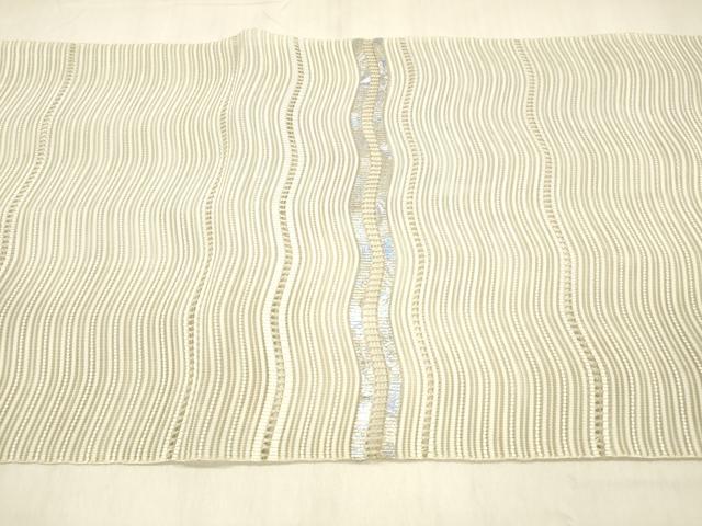 平和屋着物＊夏物　絽綴れ　八寸名古屋帯　よろけ縞　銀糸　正絹　逸品　DABB3242cm