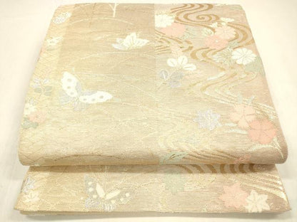 平和屋着物＊夏物 六通柄袋帯 流水花蝶文 金銀糸 正絹 逸品 DABB3243cm
