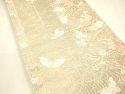 平和屋着物＊夏物 六通柄袋帯 流水花蝶文 金銀糸 正絹 逸品 DABB3243cm