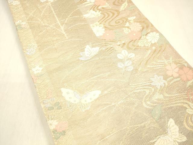 平和屋着物＊夏物 六通柄袋帯 流水花蝶文 金銀糸 正絹 逸品 DABB3243cm