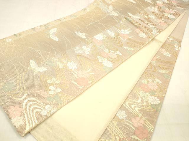 平和屋着物＊夏物 六通柄袋帯 流水花蝶文 金銀糸 正絹 逸品 DABB3243cm