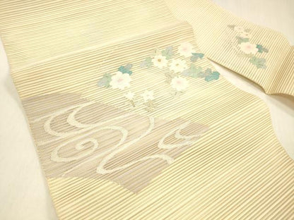 平和屋着物＊夏物 絽綴れ 八寸名古屋帯 流水花文 金銀糸 正絹 逸品 DABB3248cm