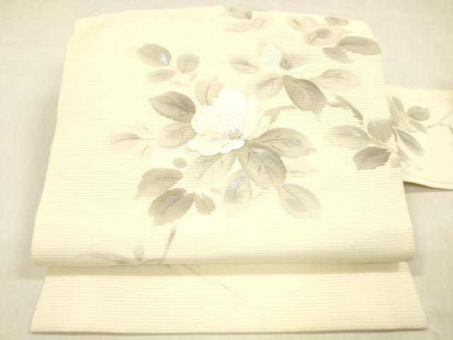 平和屋着物＊夏物 九寸名古屋帯 作家物 手描き 刺繍 流水枝花文 銀彩 正絹 逸品 DABB3252cm
