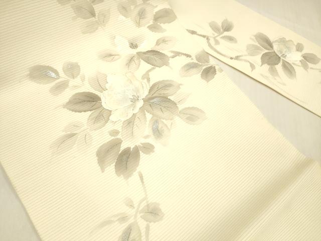 平和屋着物＊夏物 九寸名古屋帯 作家物 手描き 刺繍 流水枝花文 銀彩 正絹 逸品 DABB3252cm