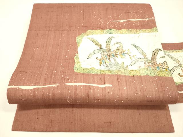 平和屋着物＊夏物 手彫木版染 佐伯武晴 九寸名古屋帯 紬地 草花文 正絹 逸品 DABB3256cm