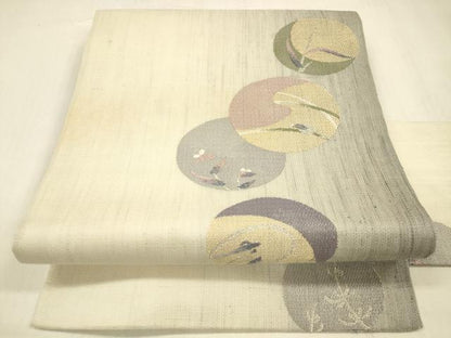 平和屋着物＊夏物 九寸名古屋帯 草葉丸文 銀糸 正絹 逸品 DABB3264cm