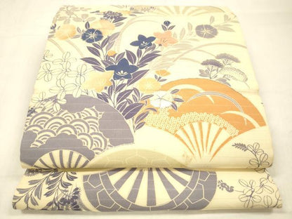 平和屋着物＊夏物 アンティーク 大正ロマン 丸帯 引き抜き帯 駒刺繍 扇面流水草花文 正絹 逸品 DABB3285cm