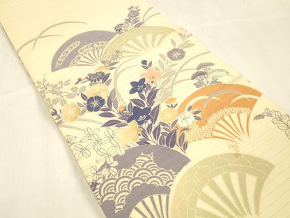 平和屋着物＊夏物 アンティーク 大正ロマン 丸帯 引き抜き帯 駒刺繍 扇面流水草花文 正絹 逸品 DABB3285cm