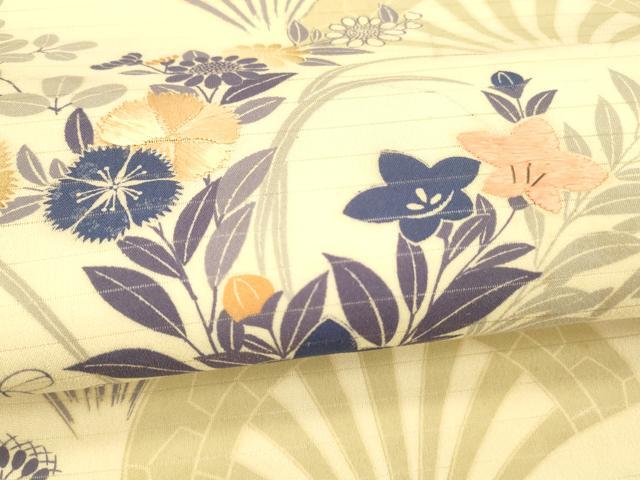 平和屋着物＊夏物 アンティーク 大正ロマン 丸帯 引き抜き帯 駒刺繍 扇面流水草花文 正絹 逸品 DABB3285cm