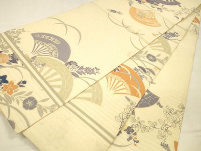 平和屋着物＊夏物 アンティーク 大正ロマン 丸帯 引き抜き帯 駒刺繍 扇面流水草花文 正絹 逸品 DABB3285cm