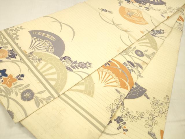 平和屋着物＊夏物 アンティーク 大正ロマン 丸帯 引き抜き帯 駒刺繍 扇面流水草花文 正絹 逸品 DABB3285cm