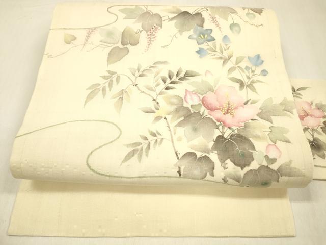 平和屋着物＊夏物 九寸名古屋帯 手描き 草花文 藤花房 正絹 逸品 DABB3297cm