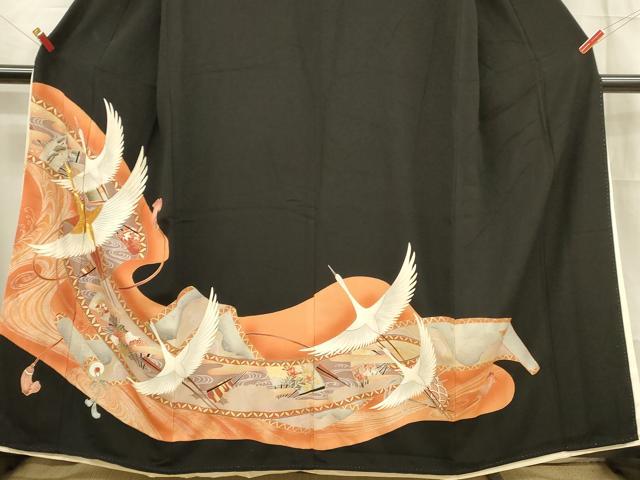 平和屋着物■豪華黒留袖 駒刺繍 流水飛鶴草花文 暈し染め 金銀彩 正絹 逸品 DABB3301cm