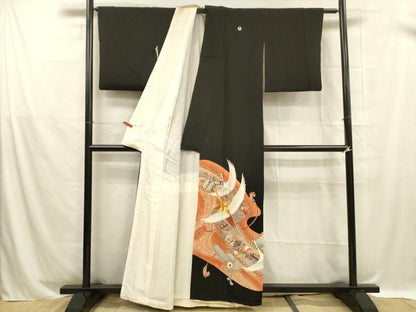 平和屋着物■豪華黒留袖 駒刺繍 流水飛鶴草花文 暈し染め 金銀彩 正絹 逸品 DABB3301cm