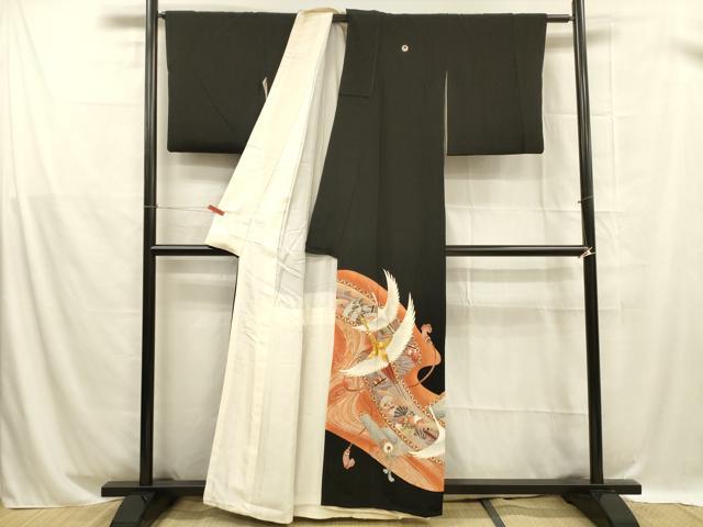 平和屋着物■豪華黒留袖 駒刺繍 流水飛鶴草花文 暈し染め 金銀彩 正絹 逸品 DABB3301cm