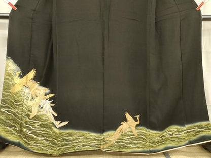 平和屋着物■豪華黒留袖　刺繍　流水鳳凰文　正絹　逸品　DABB3302cm
