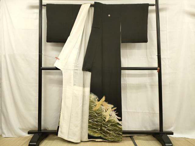 平和屋着物■豪華黒留袖　刺繍　流水鳳凰文　正絹　逸品　DABB3302cm