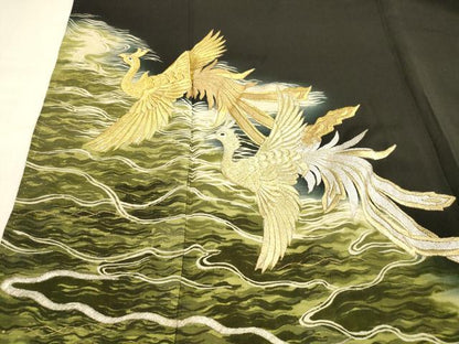 平和屋着物■豪華黒留袖　刺繍　流水鳳凰文　正絹　逸品　DABB3302cm