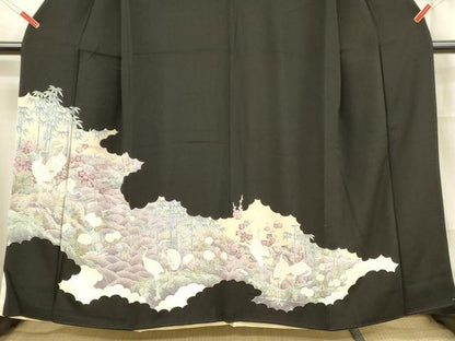 平和屋着物■豪華黒留袖 駒刺繍 群鶴笹竹梅文 正絹 逸品 DABB3336cm