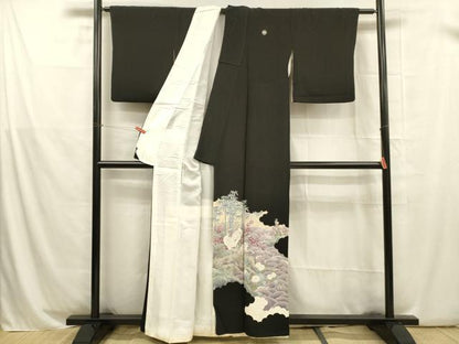 平和屋着物■豪華黒留袖 駒刺繍 群鶴笹竹梅文 正絹 逸品 DABB3336cm