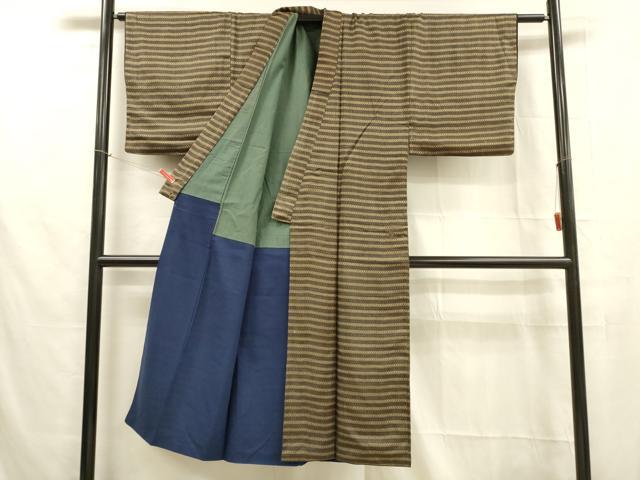 平和屋着物■男性 紬 横段幾何学文 正絹 逸品 DABB3348cm