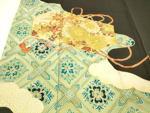 平和屋着物■豪華黒留袖 文箱草花文 金彩 駒刺繍 正絹 逸品 DABB3356cm