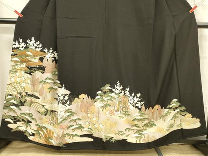 平和屋着物■豪華黒留袖 風景御所車文 松竹梅 金彩 正絹 逸品 DABB3360cm