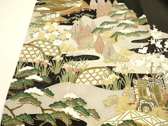 平和屋着物■豪華黒留袖 風景御所車文 松竹梅 金彩 正絹 逸品 DABB3360cm