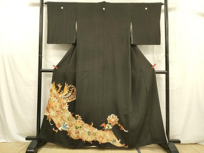 平和屋着物■豪華黒留袖　駒刺繍　鳳凰更紗花文　金彩　正絹　逸品　DABB3373cm