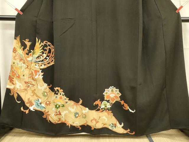 平和屋着物■豪華黒留袖　駒刺繍　鳳凰更紗花文　金彩　正絹　逸品　DABB3373cm