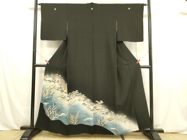 平和屋着物■豪華黒留袖　流水舟松文　暈し染め　正絹　逸品　DABB3407cm