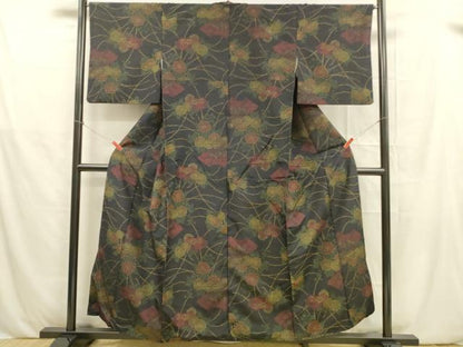平和屋着物■上質な紬　草花文　黒地　正絹　逸品　DABB3419cm