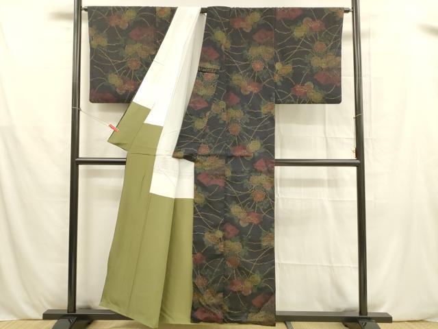平和屋着物■上質な紬　草花文　黒地　正絹　逸品　DABB3419cm