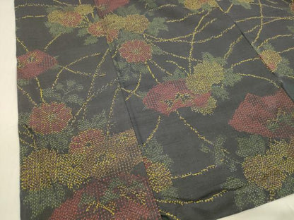 平和屋着物■上質な紬　草花文　黒地　正絹　逸品　DABB3419cm